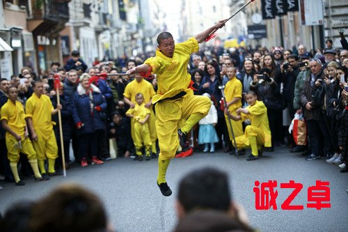 资料图：在意大利罗马，演员在游行中表演中国功夫。新华社记者 金宇 摄
